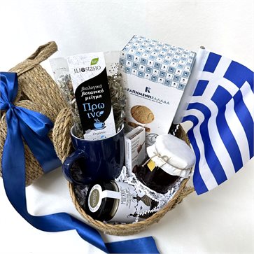 25η Μαρτίου: Πρωϊνό στην Ελλάδα | Ελληνικό Καλάθι Δώρου σε καλάθι από φυσική γιούτα